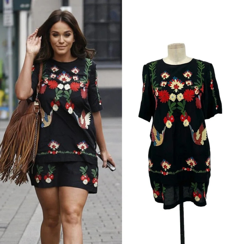 Zara Embroidered Floral Crane Bird Short Black Dress Size XS